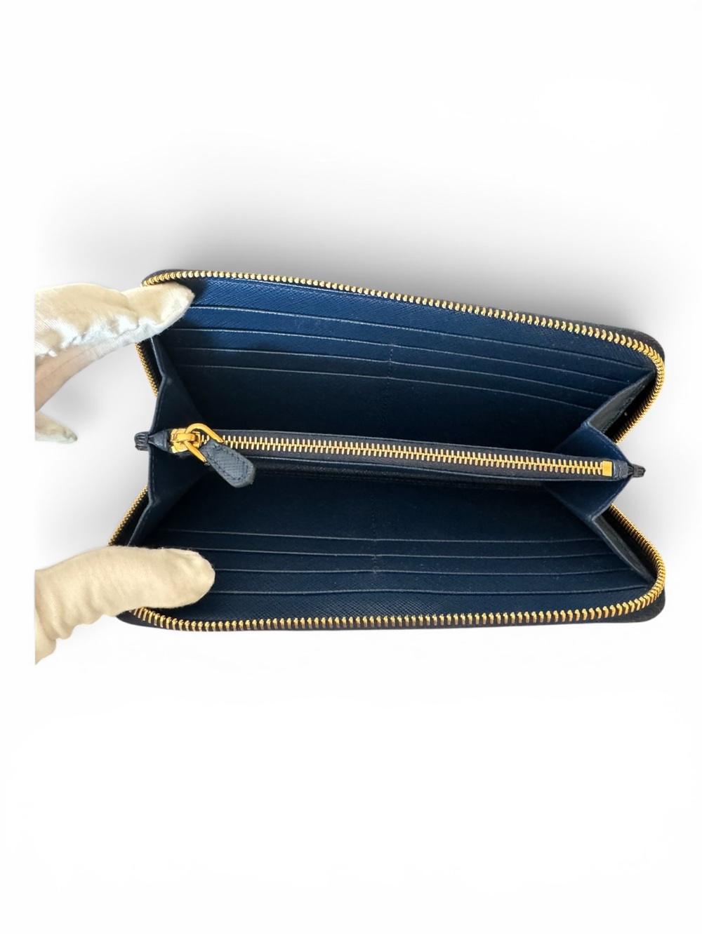 Excellent Blue Prada Zip-Around Wallet with Gold Accents - Picture 10 of 11